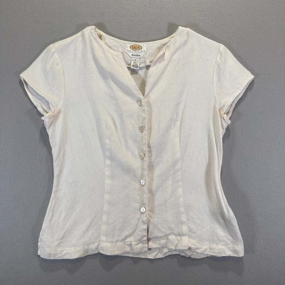 Vintage Talbots Linen Blouse Womens Size 2 Ivory Button Front V-Neck Cap Sleeve